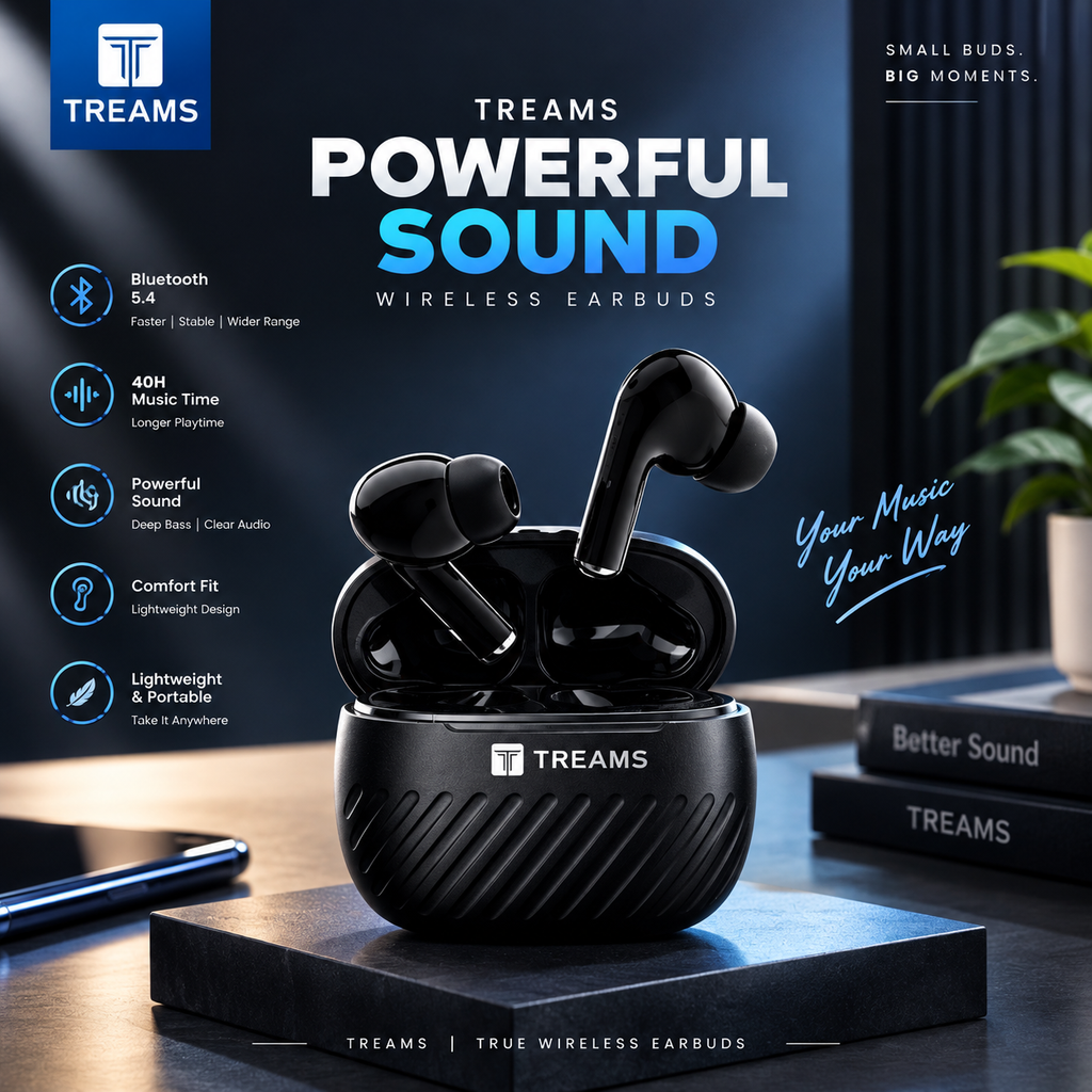 TREAMS TWS-59 True Wireless Earbuds – Bluetooth 5.4, Up to 40 Hours Music Time, Black