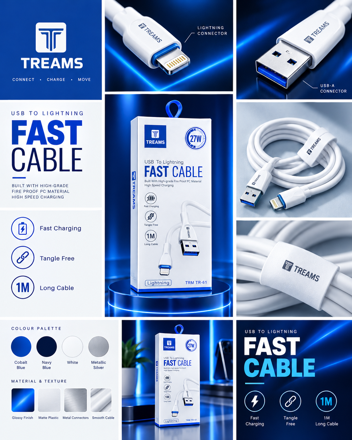 TREAMS TR-61 USB to Lightning Fast Charging Cable – 1 Meter, White