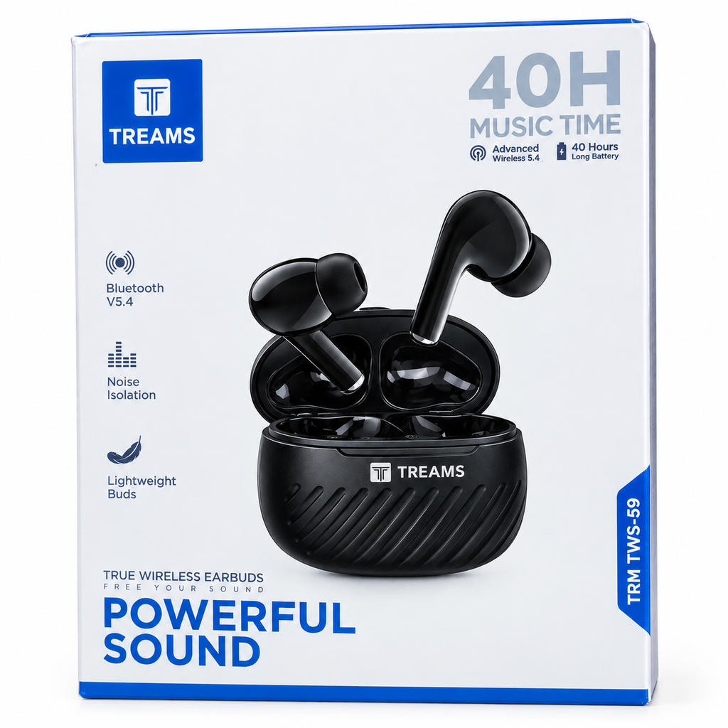 TREAMS TWS-59 True Wireless Earbuds – Bluetooth 5.4, Up to 40 Hours Music Time, Black