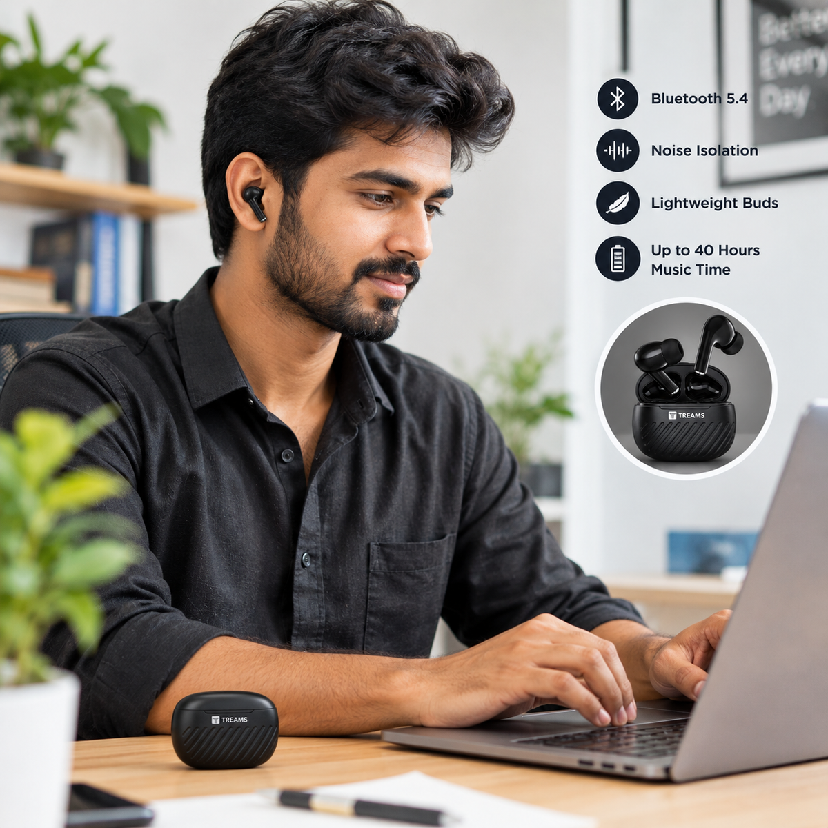 TREAMS TWS-59 True Wireless Earbuds – Bluetooth 5.4, Up to 40 Hours Music Time, Black