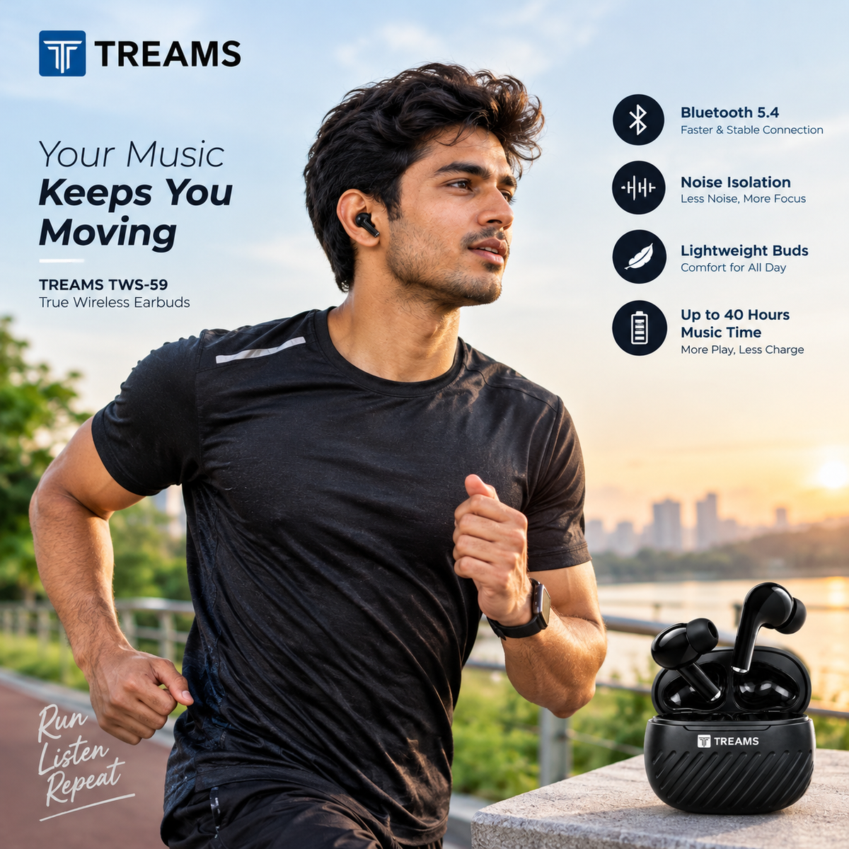 TREAMS TWS-59 True Wireless Earbuds – Bluetooth 5.4, Up to 40 Hours Music Time, Black