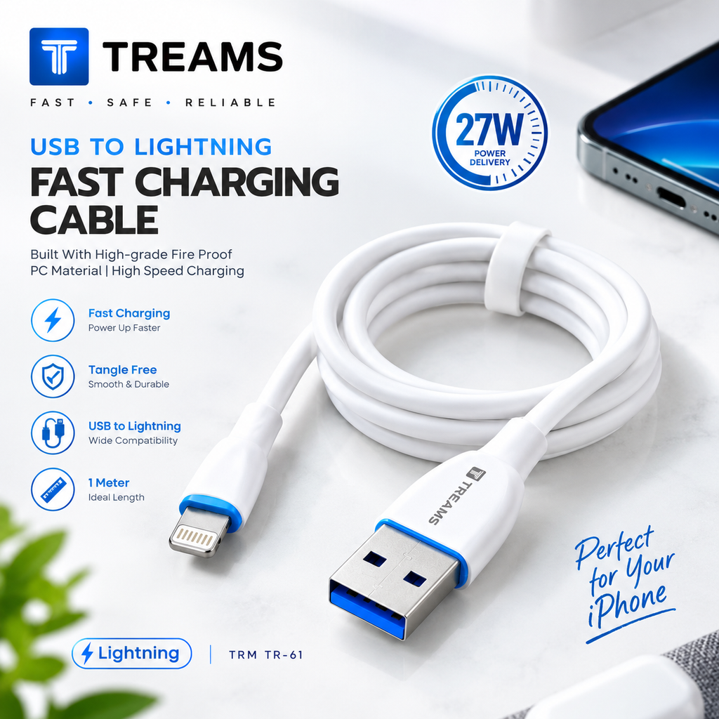 TREAMS TR-61 USB to Lightning Fast Charging Cable – 1 Meter, White