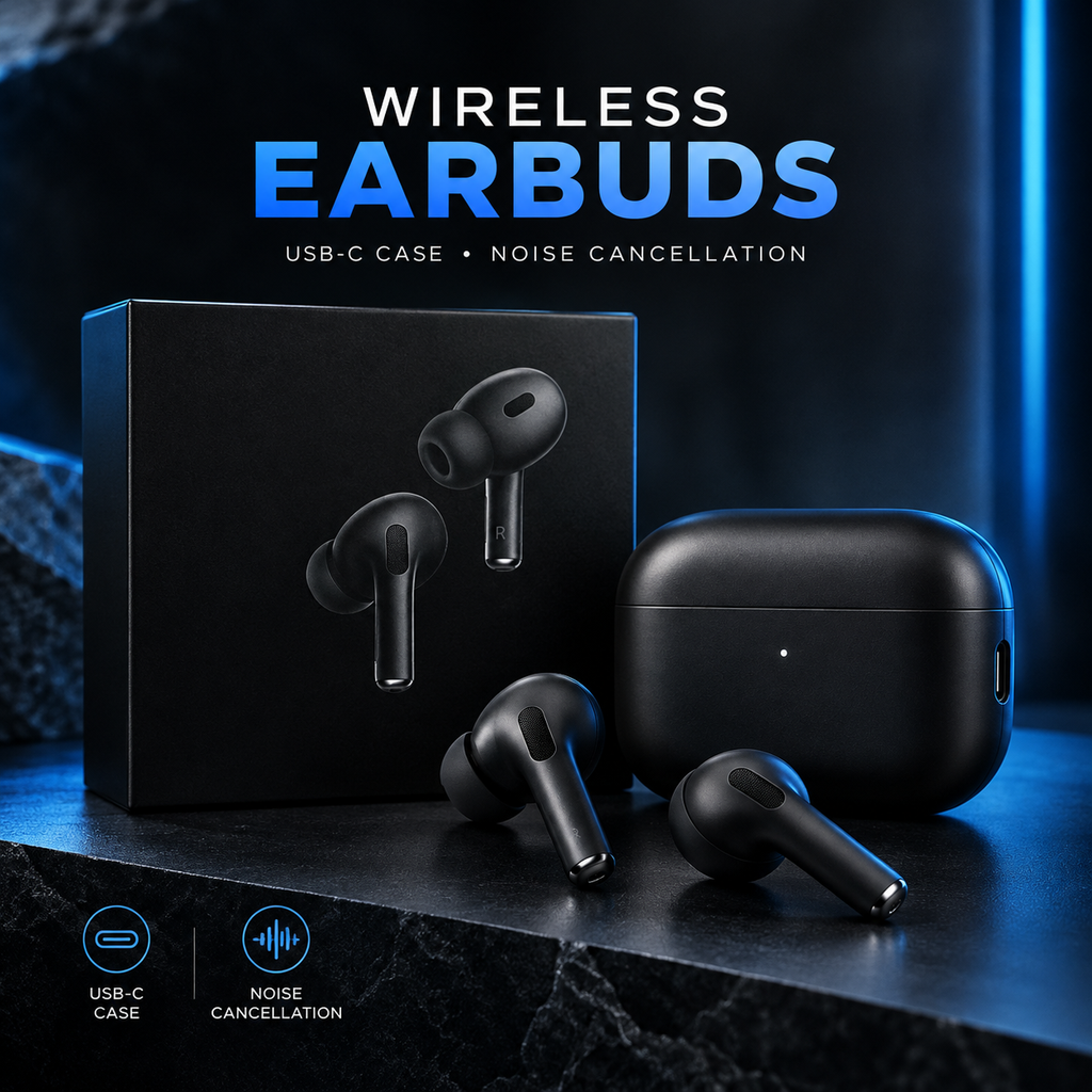 Wireless Bluetooth Earbuds with Charging Case – Black